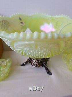 14pc Vntg FENTON Yellow Iridescent Opalescent with Bronze Stand PUNCH BOWL SET