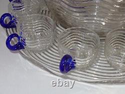 15 Pc Duncan & Miller Elegant Glass CARIBBEAN Punch Bowl Set with Blue Handles