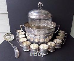 15 Pcs. Antique c. 1900 Art Nouveau Orivit Silverplate Etched Glass Punch Bowl Set