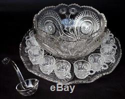 15pc L. E. SMITH Slewed Horseshoe Radiant Daisy Punch Bowl Underplate 12 Cups