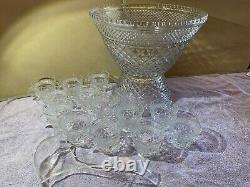 16 PC Vintage 1960s Anchor Hocking Glass USA WEXFORD Clear Punch Bowl Set. Mint