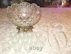17 Pc LE Smith PUNCH BOWL withGOLD BASE, CUP, LADLE Buttons and Daisy Original Box
