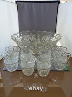 17 Piece Tiffin Glass Bristol Diamond Flared Scalloped Punch Bowl Set C. 1950's