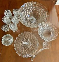 17pc Fostoria AMERICAN Glass PUNCH BOWL Plate Dish Ladle Jar Candy Lot Cups