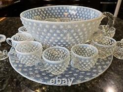 18 Pc Fenton White Opalescent Hobnail Punch Bowl Set Underplate 12 Cups & More