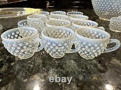 18 Pc Fenton White Opalescent Hobnail Punch Bowl Set Underplate 12 Cups & More