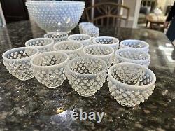 18 Pc Fenton White Opalescent Hobnail Punch Bowl Set Underplate 12 Cups & More