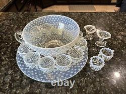 18 Pc Fenton White Opalescent Hobnail Punch Bowl Set Underplate 12 Cups & More