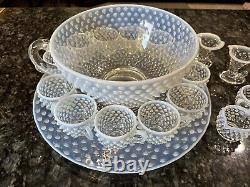 18 Pc Fenton White Opalescent Hobnail Punch Bowl Set Underplate 12 Cups & More