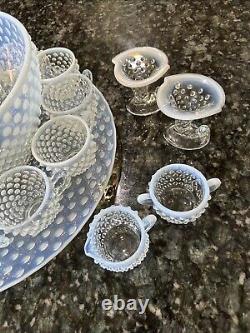 18 Pc Fenton White Opalescent Hobnail Punch Bowl Set Underplate 12 Cups & More