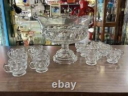 1800's EAPG Pattern Glass Kings Crown Footed Punch Bowl with 12 Cups Elegant