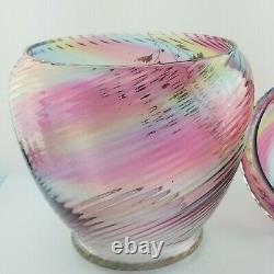 1800's Harrach Rainbow Twist Glass Gold Gilt Leaves Punch Bowl Bohemian Antique