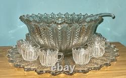 1890's EAPG Geo. Duncan Mardi Gras Punch Bowl & Underplate, 12 Cups and Ladle
