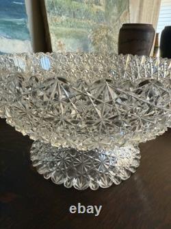 1890s American Brilliant Cut Hawkes Russian Cut Glass 13.5 Punch Bowl & Stand