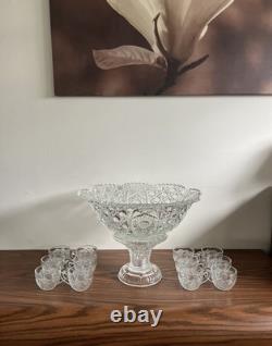 1894 EAPG Mckee Cut Glass Punch Bowl With Base & 12 Cups