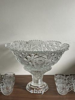 1894 EAPG Mckee Cut Glass Punch Bowl With Base & 12 Cups