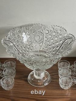 1894 EAPG Mckee Cut Glass Punch Bowl With Base & 12 Cups