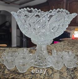 1894 EAPG Mckee Cut Glass Punch Bowl With Base & 9 Cups