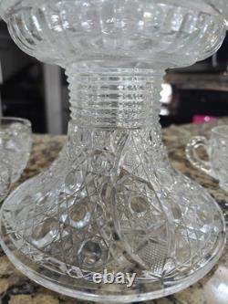1894 EAPG Mckee Cut Glass Punch Bowl With Base & 9 Cups