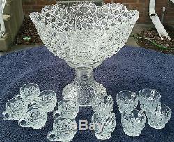 1894 Press Cut Pedestal Punch Bowl with Cups Button Pattern Marked MINT