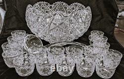 19 Piece L. E. Smith Daisy & Button Clear Glass Punch Bowl, 17 Cups & Glass Ladle