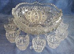 1901 Antique Cambridge Glass Wheat Sheaf Near Cut Punch Bowl with 11 cups