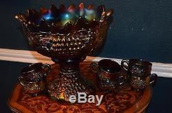 1910 Northwood Amethyst Grape Cable 8 Piece Set Punch Bowl WithBase & 6 Cups
