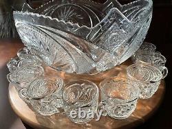 1930s L. E. Smith Pressed Glass Huge Punch Bowl & Matching 11 Cup Set
