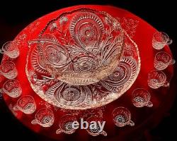 1930s LE Smith Punch Bowl Set (12 Cups) Pinwheel & Star Design Mint condition