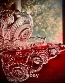 1930s LE Smith Punch Bowl Set (12 Cups) Pinwheel & Star Design Mint condition