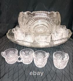 1930s LE Smith Punch Bowl Set (16 Cups) Pinwheel & Star Design Mint condition