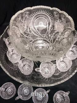 1930s LE Smith Punch Bowl Set (16 Cups) Pinwheel & Star Design Mint condition
