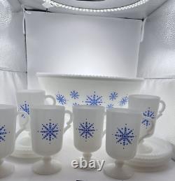 1930s McKee Tom & Jerry Punch Bowl and Mugs Beaded Glass Blue Snowflake Set NICE