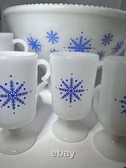 1930s McKee Tom & Jerry Punch Bowl and Mugs Beaded Glass Blue Snowflake Set NICE