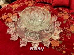 1935 Vintage LE Smith Co. Slewed Horseshoe Radiant Daisy /Peacock Punch Bowl Set