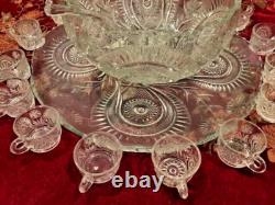 1935 Vintage LE Smith Co. Slewed Horseshoe Radiant Daisy /Peacock Punch Bowl Set