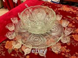 1935 Vintage LE Smith Co. Slewed Horseshoe Radiant Daisy /Peacock Punch Bowl Set