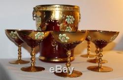 1940's Bohemian Italy Art Glass Punch Bowl with6 Cups gold encrusted & enamel
