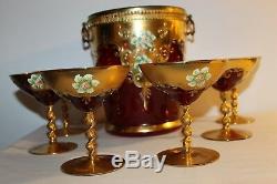 1940's Bohemian Italy Art Glass Punch Bowl with6 Cups gold encrusted & enamel