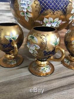 1940's Bohemian Moser Art Glass Punch Bowl with5 Cups gold encrusted