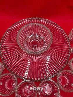 1940's JEANNETTE GLASS CLEAR PRESSED RIB PUNCH BOWL SET OF 12 IN ORIGINAL BOX