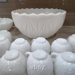 1940s Hazel Atlas Williamsport Milk Glass Punch Bowl, 14 cups, 1 Small Bowl