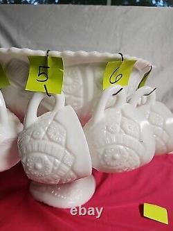 1950's Thatcher McKee White Milk Glass Punch Bowl Concord 28pc set WithHangers