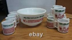 1950s Hazel Atlas Milk Glass Tom & Jerry Christmas Punch Set Bowl with 12 Mugs