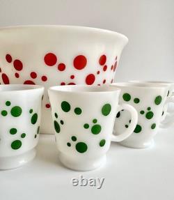 1950s Hazel Atlas Polka Dot Milk Glass Punch Bowl 6 Cups, Mid Century Holiday