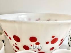 1950s Hazel Atlas Polka Dot Milk Glass Punch Bowl 6 Cups, Mid Century Holiday