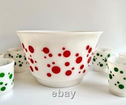 1950s Hazel Atlas Polka Dot Milk Glass Punch Bowl 6 Cups, Mid Century Holiday