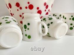 1950s Hazel Atlas Polka Dot Milk Glass Punch Bowl 6 Cups, Mid Century Holiday