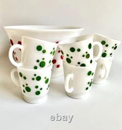 1950s Hazel Atlas Polka Dot Milk Glass Punch Bowl 6 Cups, Mid Century Holiday