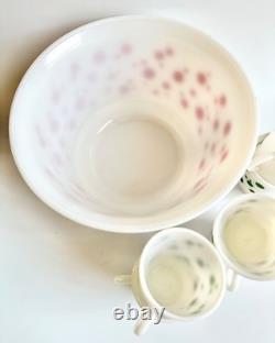 1950s Hazel Atlas Polka Dot Milk Glass Punch Bowl 6 Cups, Mid Century Holiday